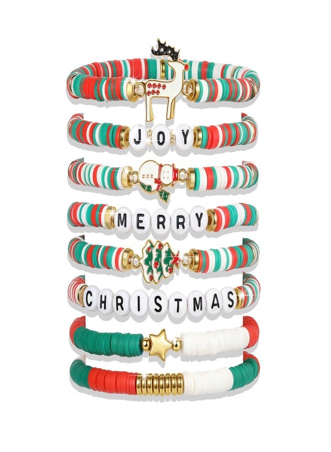 ecozran Christmas Bracelets Set 8PCS Stack-able Stretchy Beaded Bracelets Cute Merry Christmas Holiday Jewelry Santa Reindeer Christmas Tree Star Charms for Women (Chris-tmas-3) - Image 1